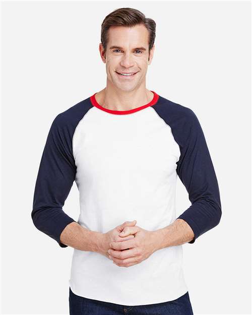 White/ Navy/ Red - LAT 6930 Baseball Three-Quarter Sleeve Tee with Your Logo LAT Unisex Baseball Fine Jersey Three-Quarter Sleeve Tee in White/Navy/Red, front view on model
