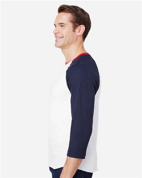 White/ Navy/ Red - LAT 6930 Baseball Three-Quarter Sleeve Tee with Your Logo LAT Unisex Baseball Fine Jersey Three-Quarter Sleeve Tee in White/Navy/Red, side view on model