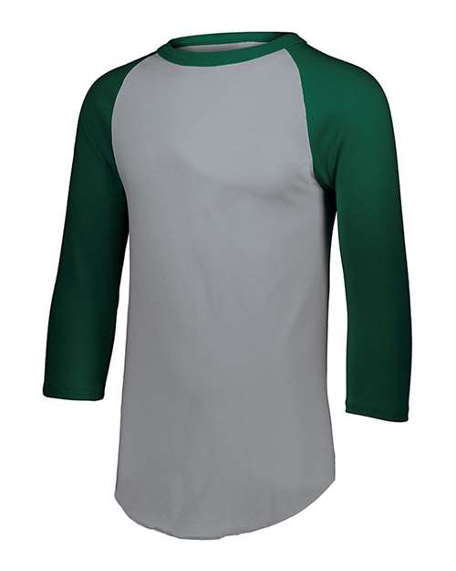 Athletic Heather/ Dark Green - Youth Three-Quarter Sleeve Baseball Jersey Augusta Sportswear Youth Three-Quarter Sleeve Baseball Jersey in Athletic Heather/Dark Green, front view