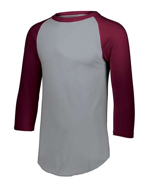 Athletic Heather/ Maroon - Youth Three-Quarter Sleeve Baseball Jersey Augusta Sportswear Youth Three-Quarter Sleeve Baseball Jersey in Athletic Heather/Maroon, front view