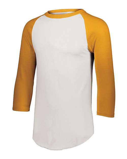 White/ Gold - Youth Three-Quarter Sleeve Baseball Jersey Augusta Sportswear Youth Three-Quarter Sleeve Baseball Jersey in White/Gold, front view
