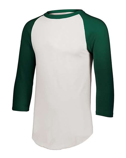 White/ Dark Green - Youth Three-Quarter Sleeve Baseball Jersey Augusta Sportswear Youth Three-Quarter Sleeve Baseball Jersey in White/Dark Green, front view