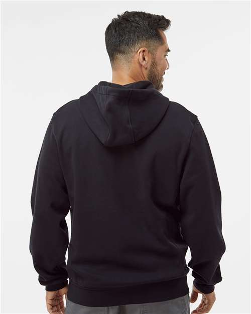 Black - DRI DUCK 7040 Men's Work Jacket with Logo Embroidery DRI DUCK Men's Bateman Bonded Power Fleece 2.0 Full-Zip Jacket in Black, back view on model