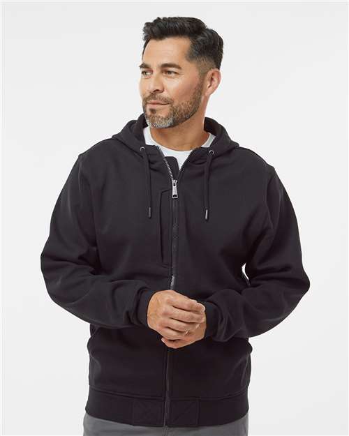 Black - DRI DUCK 7040 Men's Work Jacket with Logo Embroidery DRI DUCK Men's Bateman Bonded Power Fleece 2.0 Full-Zip Jacket in Black, front view on model