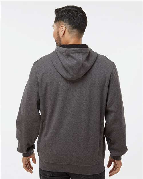 Dark Oxford - DRI DUCK 7040 Men's Work Jacket with Logo Embroidery DRI DUCK Men's Bateman Bonded Power Fleece 2.0 Full-Zip Jacket in Dark Oxford, back view on model