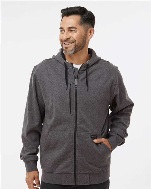 Dark Oxford - DRI DUCK 7040 Men's Work Jacket with Logo Embroidery DRI DUCK Men's Bateman Bonded Power Fleece 2.0 Full-Zip Jacket in Dark Oxford, front view on model
