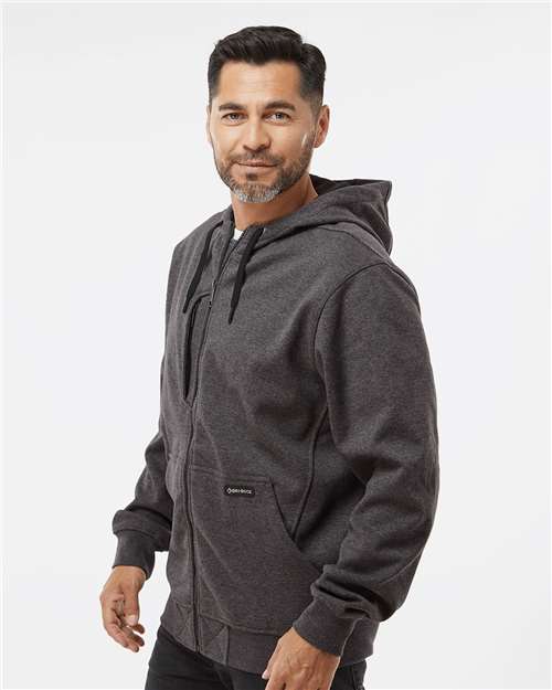 Dark Oxford - DRI DUCK 7040 Men's Work Jacket with Logo Embroidery DRI DUCK Men's Bateman Bonded Power Fleece 2.0 Full-Zip Jacket in Dark Oxford, side view on model