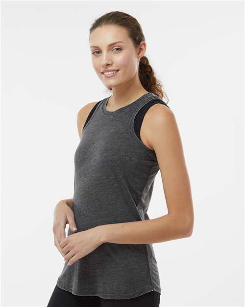 Dark Smoke - J. America 8117 Women's Tank Top with Custom Logo Printing J. America Women’s Tank Top in Dark Smoke, side view on model