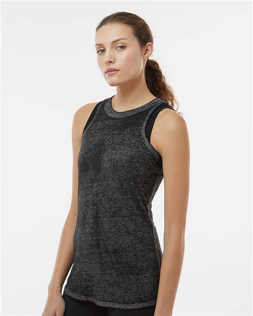 Twisted Black - J. America 8117 Women's Tank Top with Custom Logo Printing J. America Women’s Tank Top in Twisted Black, side view on model