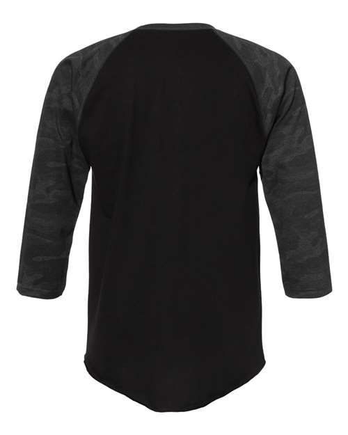 Black/ Storm Camo - LAT 6930 Baseball Three-Quarter Sleeve Tee with Your Logo LAT Unisex Baseball Fine Jersey Three-Quarter Sleeve Tee in Black/Storm Camo, back view