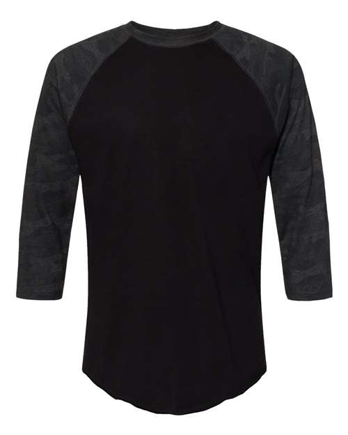 Black/ Storm Camo - Unisex Baseball Fine Jersey Three-Quarter Sleeve Tee LAT Unisex Baseball Fine Jersey Three-Quarter Sleeve Tee in Black/Storm Camo, front view