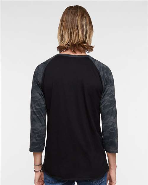 Black/ Storm Camo - LAT 6930 Baseball Three-Quarter Sleeve Tee with Your Logo LAT Unisex Baseball Fine Jersey Three-Quarter Sleeve Tee in Black/Storm Camo, back view on model