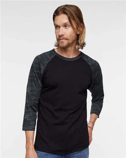 Black/ Storm Camo - LAT 6930 Baseball Three-Quarter Sleeve Tee with Your Logo LAT Unisex Baseball Fine Jersey Three-Quarter Sleeve Tee in Black/Storm Camo, front view on model