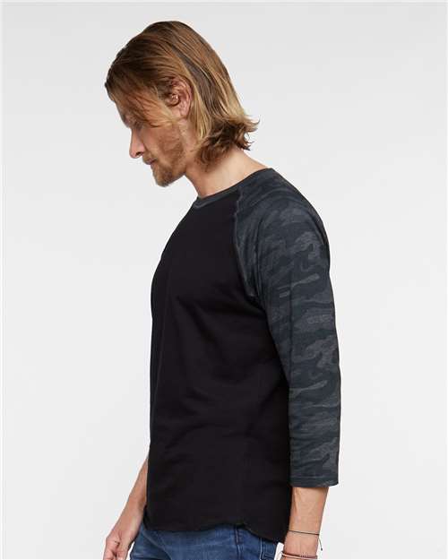 Black/ Storm Camo - LAT 6930 Baseball Three-Quarter Sleeve Tee with Your Logo LAT Unisex Baseball Fine Jersey Three-Quarter Sleeve Tee in Black/Storm Camo, side view on model