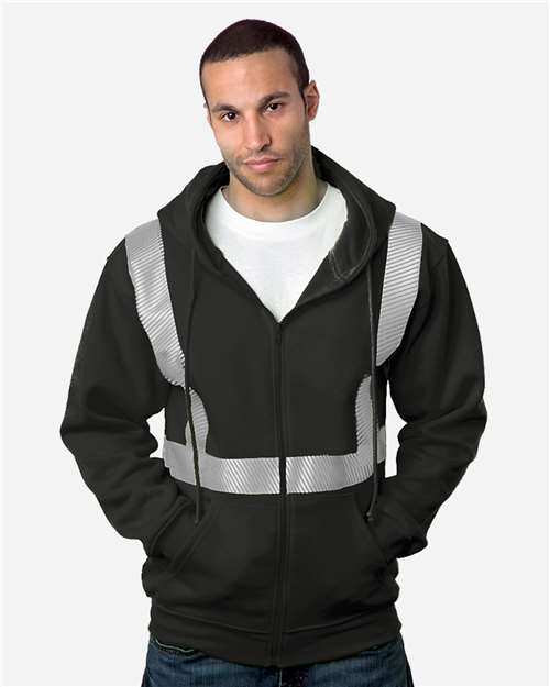 Black - USA-Made Hi-Visibility Full-Zip Hooded Sweatshirt - Segmented Tape Bayside USA-Made Hi-Visibility Full-Zip Hooded Sweatshirt - Segmented Tape in Black, front view on model