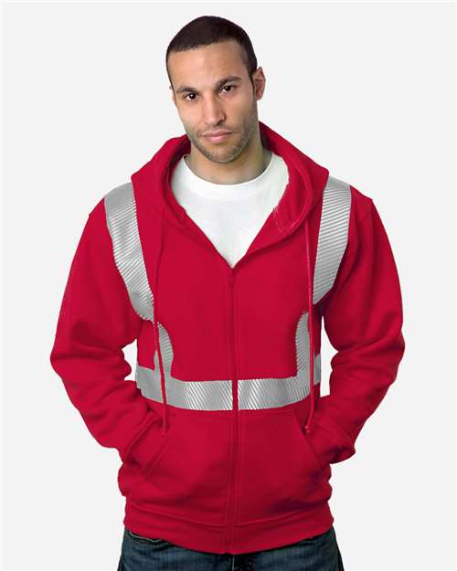 Cardinal - USA-Made Hi-Visibility Full-Zip Hooded Sweatshirt - Segmented Tape Bayside USA-Made Hi-Visibility Full-Zip Hooded Sweatshirt - Segmented Tape in Cardinal, front view on model