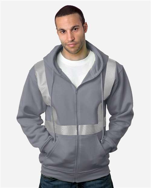 Charcoal - USA-Made Hi-Visibility Full-Zip Hooded Sweatshirt - Segmented Tape Bayside USA-Made Hi-Visibility Full-Zip Hooded Sweatshirt - Segmented Tape in Charcoal, front view on model