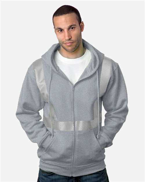 Dark Ash - USA-Made Hi-Visibility Full-Zip Hooded Sweatshirt - Segmented Tape Bayside USA-Made Hi-Visibility Full-Zip Hooded Sweatshirt - Segmented Tape in Dark Ash, front view on model