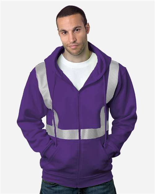 Purple - USA-Made Hi-Visibility Full-Zip Hooded Sweatshirt - Segmented Tape Bayside USA-Made Hi-Visibility Full-Zip Hooded Sweatshirt - Segmented Tape in Purple, front view on model