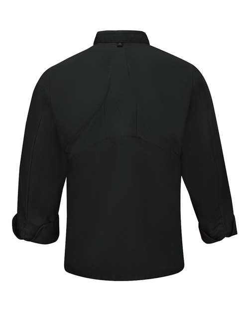 Black - Chef Designs 042X Chef Coat with Custom Logo Embroidery Chef Designs Mimix™ Chef Coat with OilBlok in Black, back view