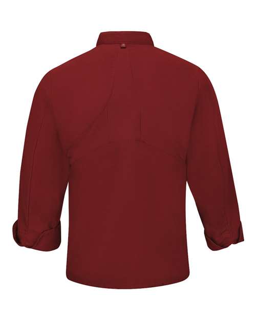 Fireball Red - Chef Designs 042X Chef Coat with Custom Logo Embroidery Chef Designs Mimix™ Chef Coat with OilBlok in Fireball Red, back view