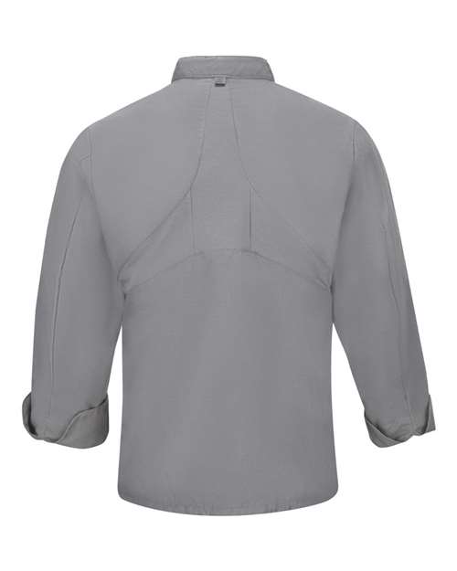 Grey - Chef Designs 042X Chef Coat with Custom Logo Embroidery Chef Designs Mimix™ Chef Coat with OilBlok in Grey, back view