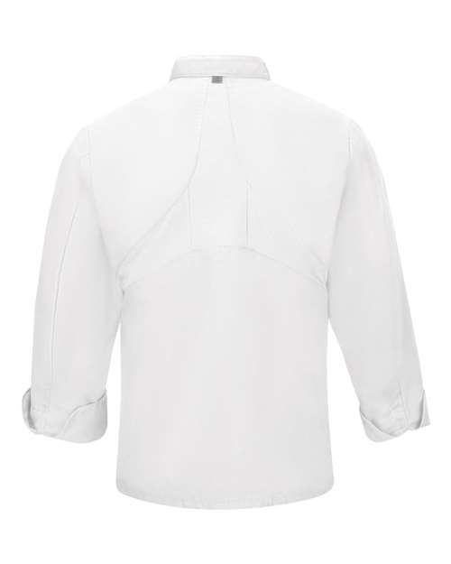 White - Chef Designs 042X Chef Coat with Custom Logo Embroidery Chef Designs Mimix™ Chef Coat with OilBlok in White, back view