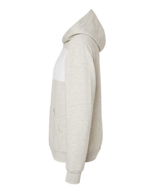 Oatmeal Heather/ White - JERZEES 98CR Hoodie with Custom Company Logo Decoration JERZEES Unisex NublendĀ® Billboard Hooded Sweatshirt in Oatmeal Heather/White, side view