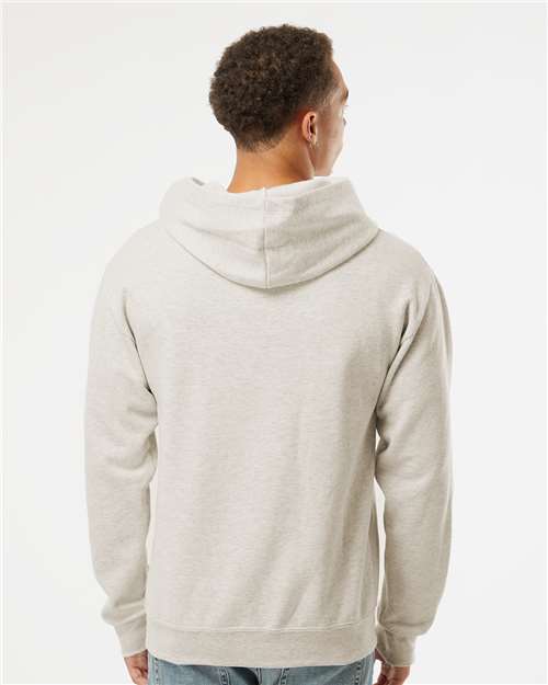 Oatmeal Heather/ White - JERZEES 98CR Hoodie with Custom Company Logo Decoration JERZEES Unisex NublendĀ® Billboard Hooded Sweatshirt in Oatmeal Heather/White, back view on model