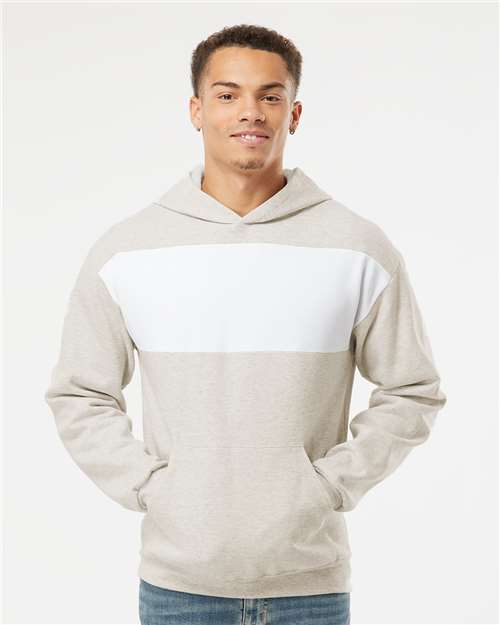 Oatmeal Heather/ White - JERZEES 98CR Hoodie with Custom Company Logo Decoration JERZEES Unisex NublendĀ® Billboard Hooded Sweatshirt in Oatmeal Heather/White, front view on model