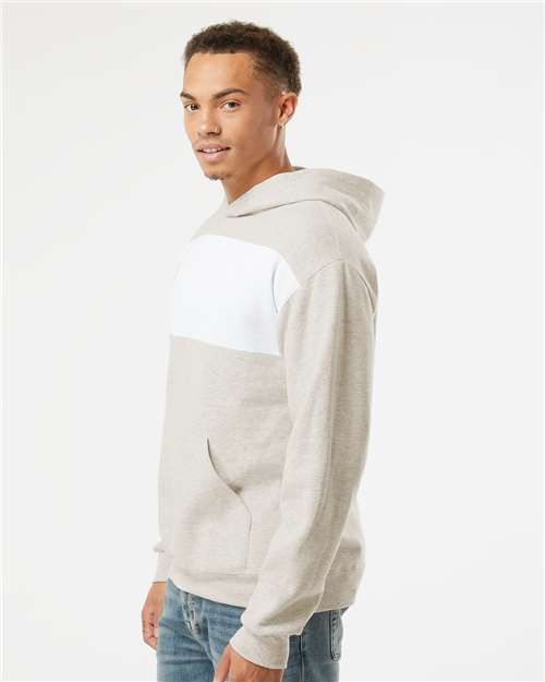 Oatmeal Heather/ White - JERZEES 98CR Hoodie with Custom Company Logo Decoration JERZEES Unisex NublendĀ® Billboard Hooded Sweatshirt in Oatmeal Heather/White, side view on model