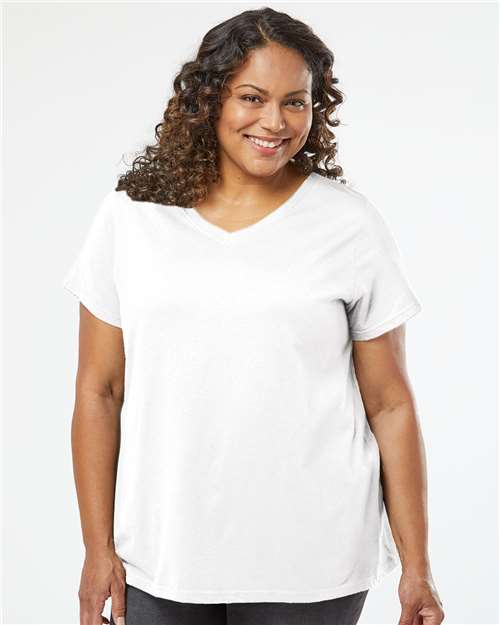 Blended White - LAT 3817 Curvy Collection V-Neck Tee with Printed Logo LAT Women's Curvy Collection Fine Jersey V-Neck Tee in Blended White, front view on model