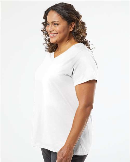 Blended White - LAT 3817 Curvy Collection V-Neck Tee with Printed Logo LAT Women's Curvy Collection Fine Jersey V-Neck Tee in Blended White, side view on model