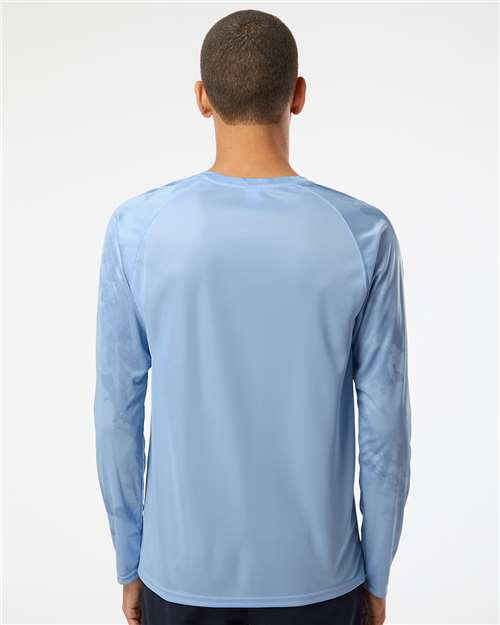 Blue Mist - Paragon 228 T-Shirt with Custom Company Logo Printing Paragon Unisex Cabo Camo Performance Long Sleeve T-Shirt in Blue Mist, back view on model