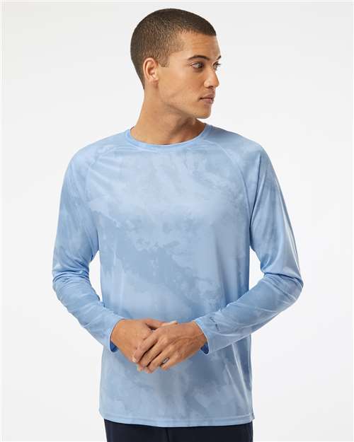 Blue Mist - Paragon 228 T-Shirt with Custom Company Logo Printing Paragon Unisex Cabo Camo Performance Long Sleeve T-Shirt in Blue Mist, front view on model