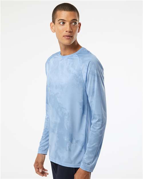 Blue Mist - Paragon 228 T-Shirt with Custom Company Logo Printing Paragon Unisex Cabo Camo Performance Long Sleeve T-Shirt in Blue Mist, side view on model