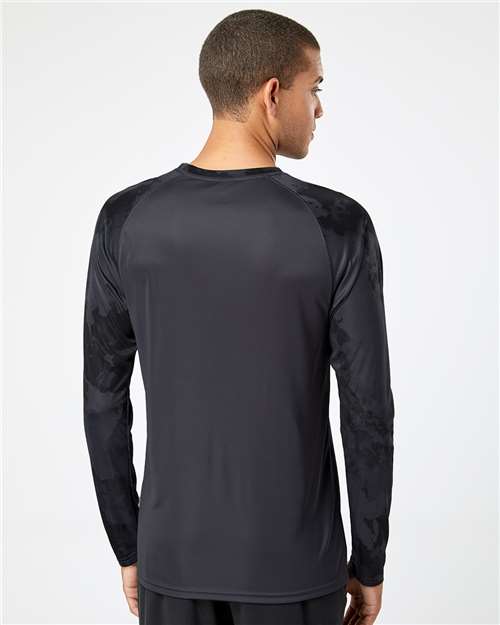 Graphite - Paragon 228 T-Shirt with Custom Company Logo Printing Paragon Unisex Cabo Camo Performance Long Sleeve T-Shirt in Graphite, back view on model
