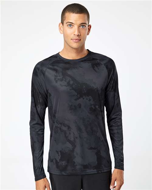 Graphite - Paragon 228 T-Shirt with Custom Company Logo Printing Paragon Unisex Cabo Camo Performance Long Sleeve T-Shirt in Graphite, front view on model