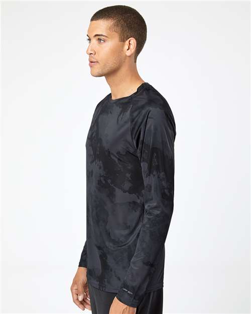 Graphite - Paragon 228 T-Shirt with Custom Company Logo Printing Paragon Unisex Cabo Camo Performance Long Sleeve T-Shirt in Graphite, side view on model