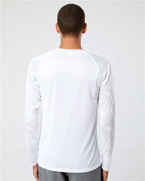 White - Paragon 228 T-Shirt with Custom Company Logo Printing Paragon Unisex Cabo Camo Performance Long Sleeve T-Shirt in White, back view on model