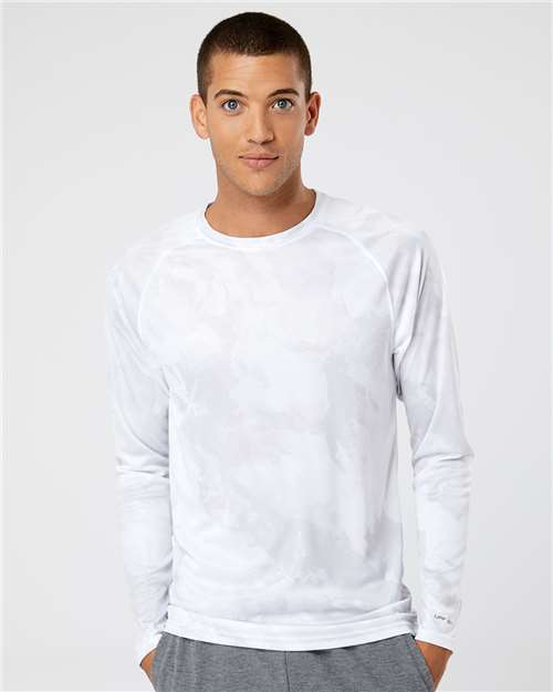 White - Paragon 228 T-Shirt with Custom Company Logo Printing Paragon Unisex Cabo Camo Performance Long Sleeve T-Shirt in White, front view on model