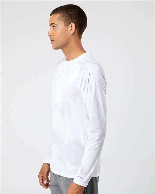 White - Paragon 228 T-Shirt with Custom Company Logo Printing Paragon Unisex Cabo Camo Performance Long Sleeve T-Shirt in White, side view on model