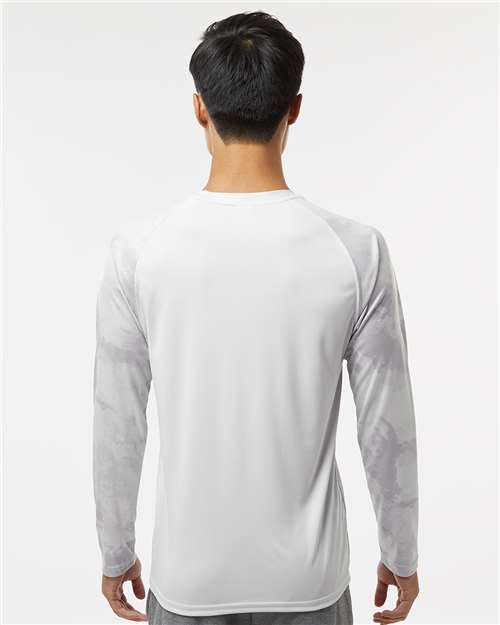 Aluminum - Paragon 228 T-Shirt with Custom Company Logo Printing Paragon Unisex Cabo Camo Performance Long Sleeve T-Shirt in Aluminum, back view on model