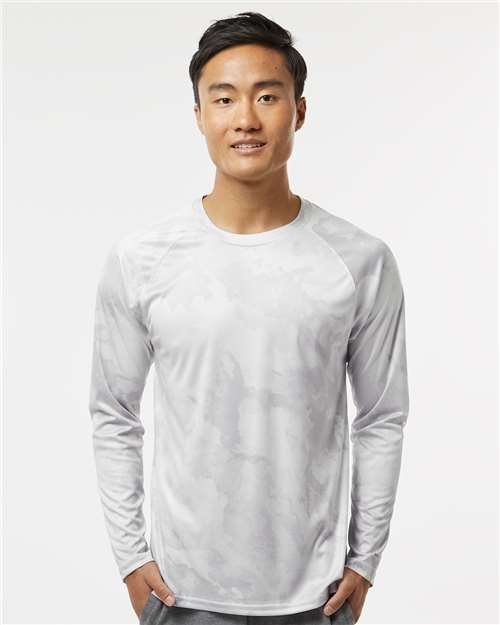 Aluminum - Paragon 228 T-Shirt with Custom Company Logo Printing Paragon Unisex Cabo Camo Performance Long Sleeve T-Shirt in Aluminum, front view on model