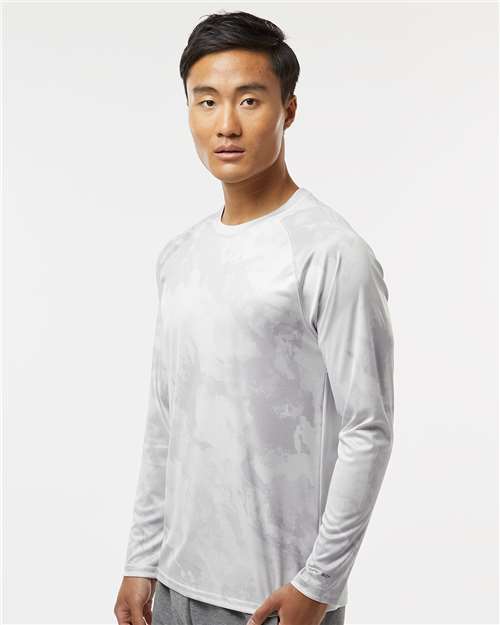 Aluminum - Paragon 228 T-Shirt with Custom Company Logo Printing Paragon Unisex Cabo Camo Performance Long Sleeve T-Shirt in Aluminum, side view on model
