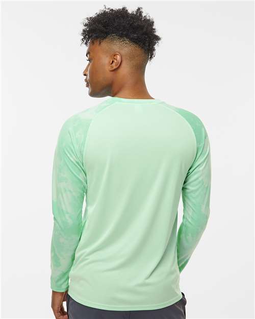 Mint Green - Paragon 228 T-Shirt with Custom Company Logo Printing Paragon Unisex Cabo Camo Performance Long Sleeve T-Shirt in Mint Green, back view on model