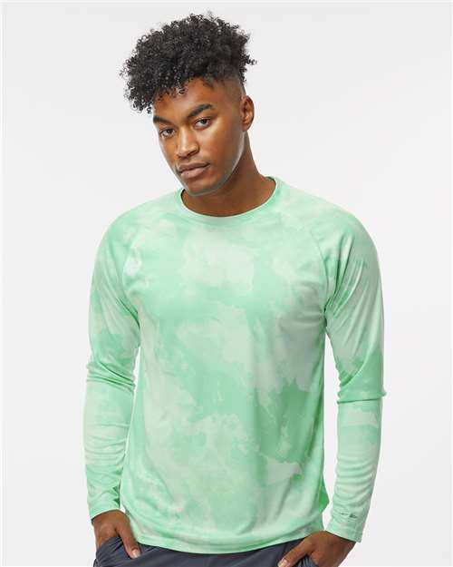 Mint Green - Paragon 228 T-Shirt with Custom Company Logo Printing Paragon Unisex Cabo Camo Performance Long Sleeve T-Shirt in Mint Green, front view on model