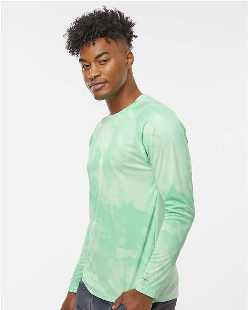 Mint Green - Paragon 228 T-Shirt with Custom Company Logo Printing Paragon Unisex Cabo Camo Performance Long Sleeve T-Shirt in Mint Green, side view on model