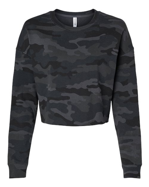 Black Camo - Women's Lightweight Crop Crewneck Sweatshirt Independent Trading Co. Women's Lightweight Crop Crewneck Sweatshirt in Black Camo, front view