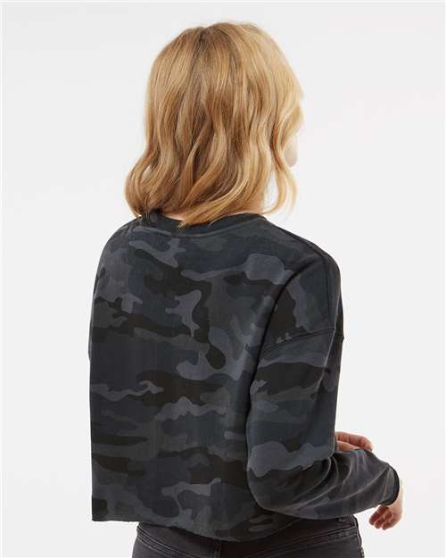 Black Camo - Independent Trading Co. AFX24CRP Sweatshirt with Custom Logo Independent Trading Co. Women's Lightweight Crop Crewneck Sweatshirt in Black Camo, back view on model